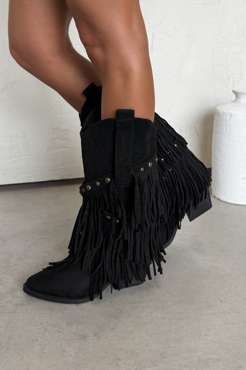 PACHA Studded Tassel Cowboy Western Boots - Black - 1