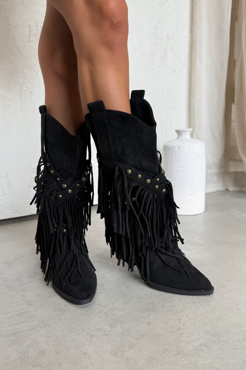PACHA Studded Tassel Cowboy Western Boots - Black - 2