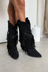 PACHA Studded Tassel Cowboy Western Boots - Black - 2