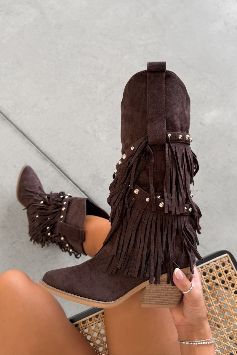 PACHA Studded Tassel Cowboy Western Boots - Brown
