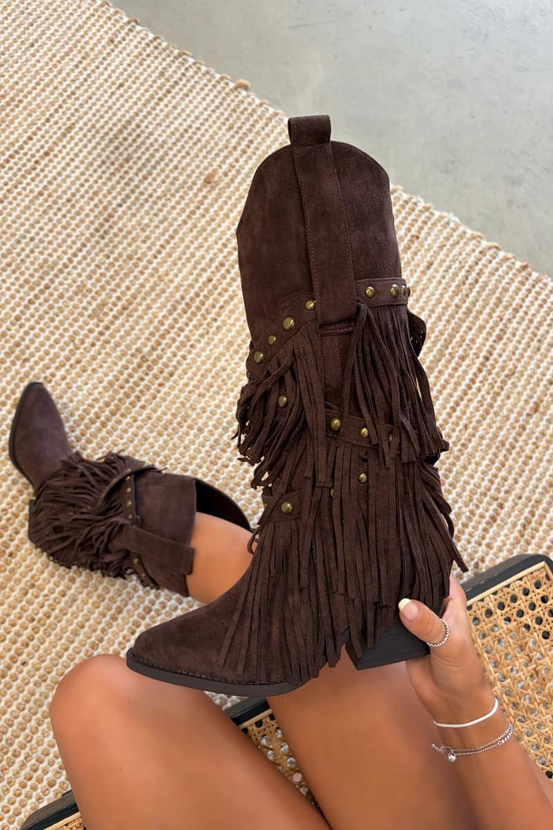 PACHA Studded Tassel Cowboy Western Boots - Brown - 3