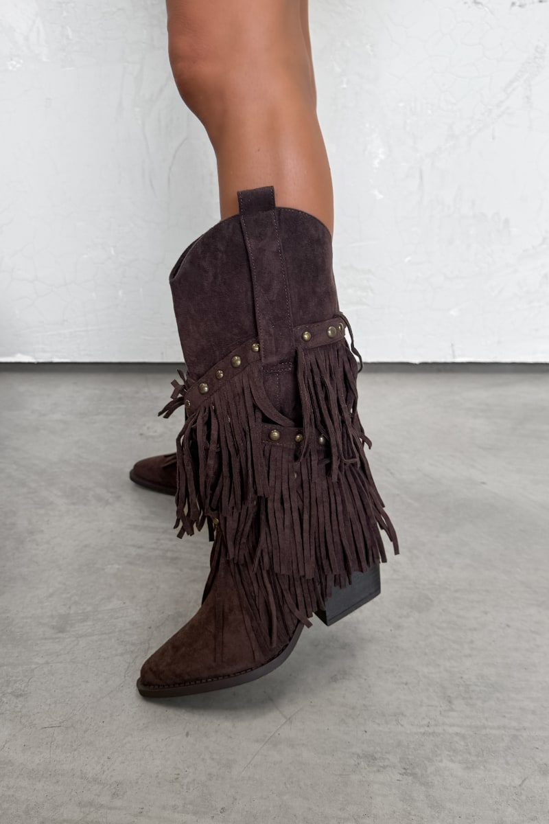 PACHA Studded Tassel Cowboy Western Boots - Brown