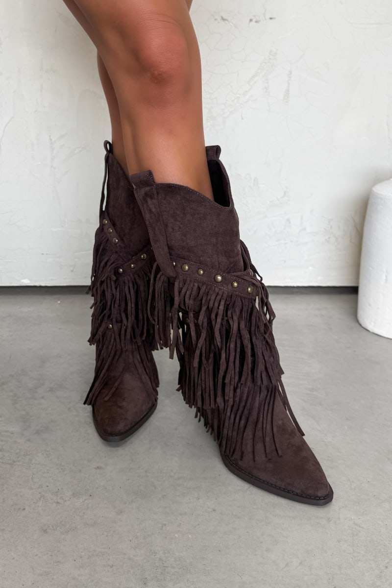 PACHA Studded Tassel Cowboy Western Boots - Brown