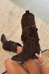 PACHA Studded Tassel Cowboy Western Boots - Brown - 3