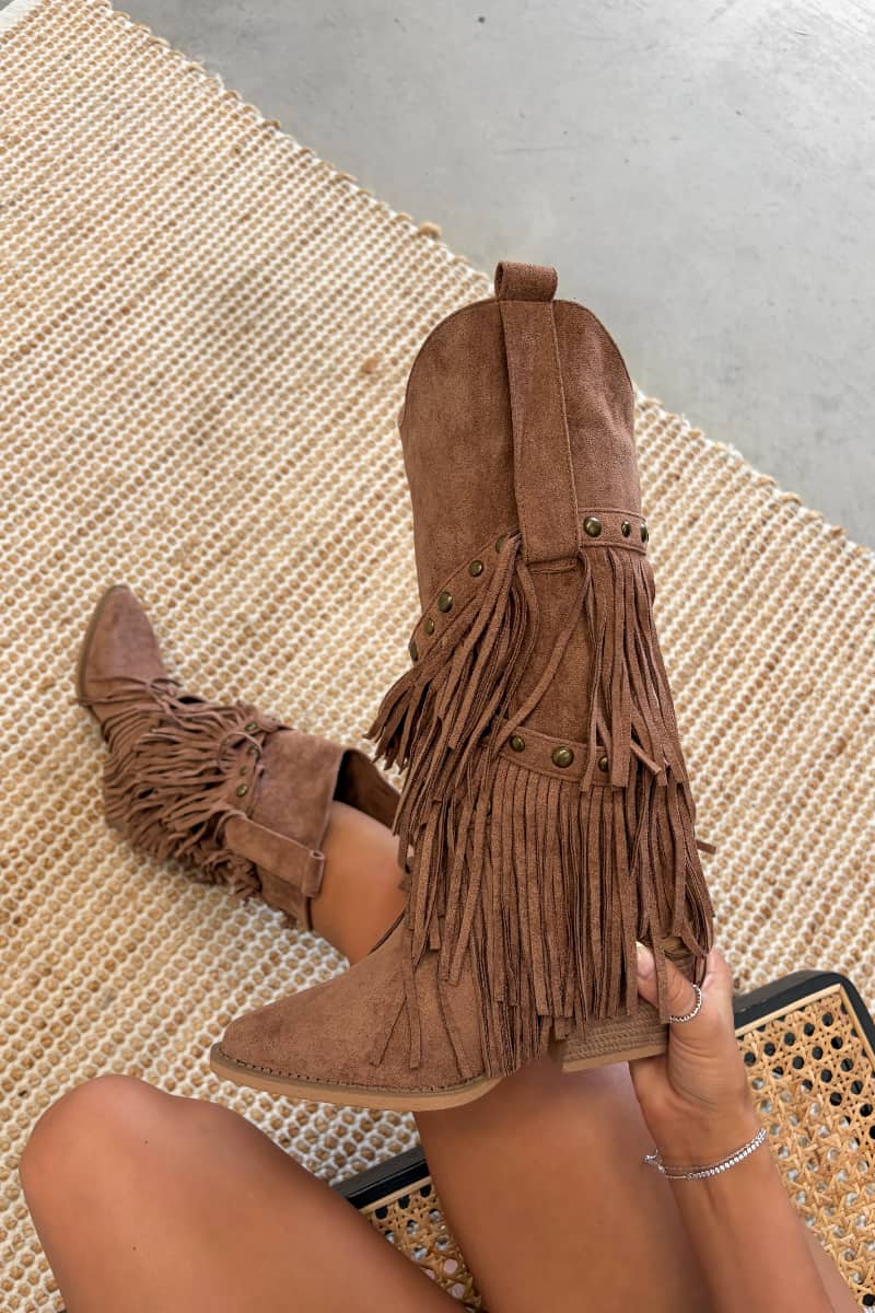 PACHA Studded Tassel Cowboy Western Boots - Brown - 3