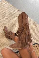 PACHA Studded Tassel Cowboy Western Boots - Brown - 3