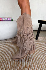 PACHA Studded Tassel Cowboy Western Boots - Taupe - 1