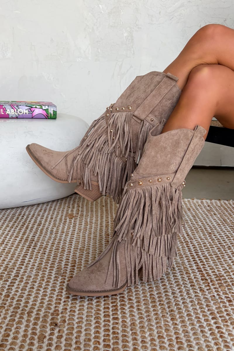 PACHA Studded Tassel Cowboy Western Boots - Taupe - 2