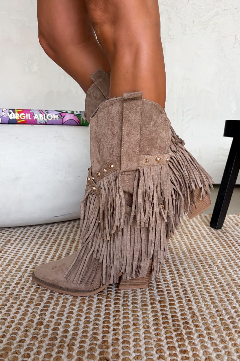 PACHA Studded Tassel Cowboy Western Boots - Taupe - 3