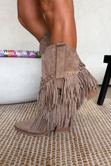 PACHA Studded Tassel Cowboy Western Boots - Taupe - 3
