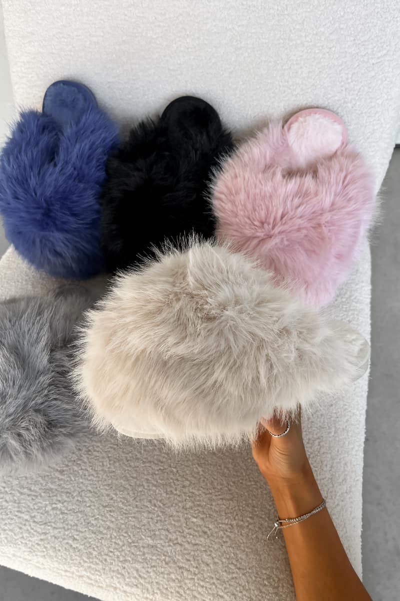 POLLY Faux Fur Oversized Slippers - Beige - 2
