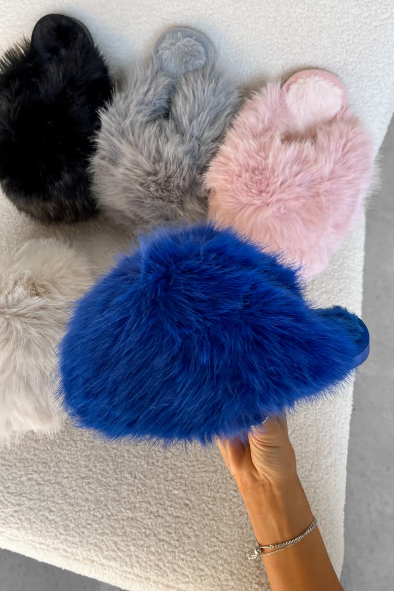 Women's Vegan Faux Fur Slippers – Fuzzy Fluffy Slide Sandals, Open Toe, Indoor/Outdoor, Navy Blue