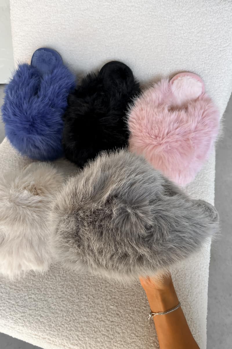 POLLY Faux Fur Oversized Slippers - Grey - 4