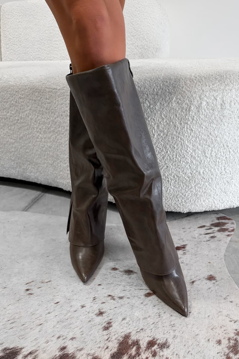 QUINN Knee Flared Shark Boots - Brown PU -1