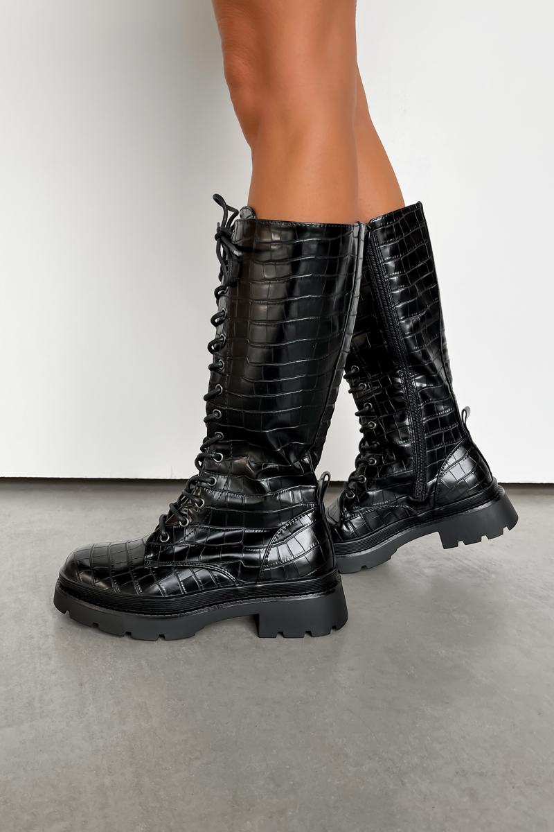 RAINE Chunky Lace Up Midi Boots - Black Croc