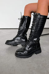 RAINE Chunky Lace Up Midi Boots - Black Croc