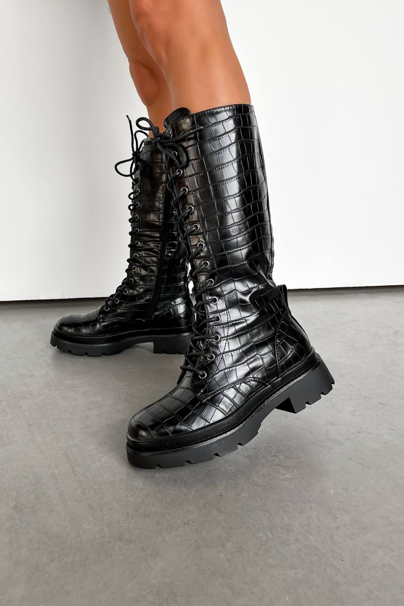 RAINE Chunky Lace Up Midi Boots - Black Croc