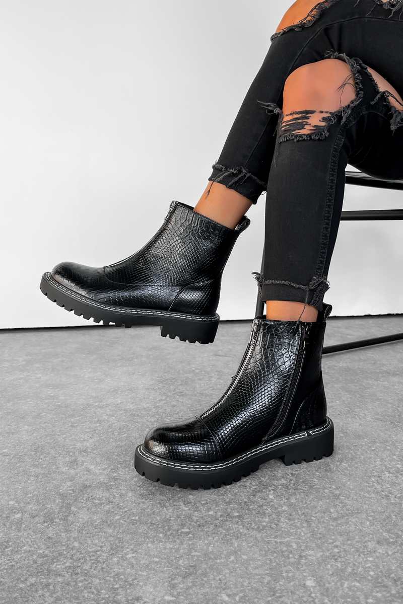REBEL Zip Front Ankle Boots - Black Croc - 2