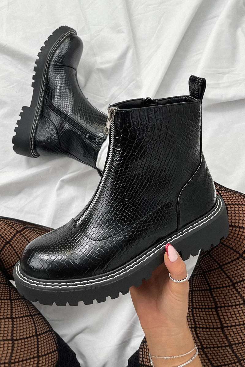 REBEL Zip Front Ankle Boots - Black Croc - 1