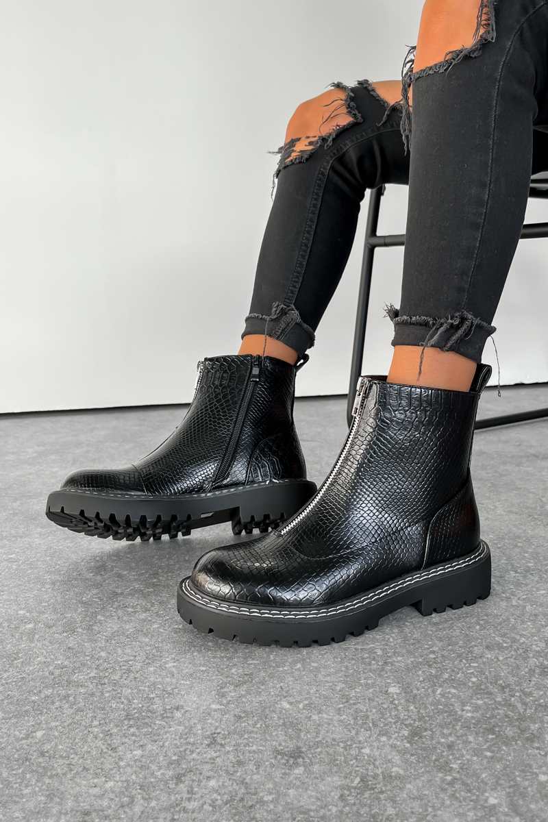REBEL Zip Front Ankle Boots - Black Croc