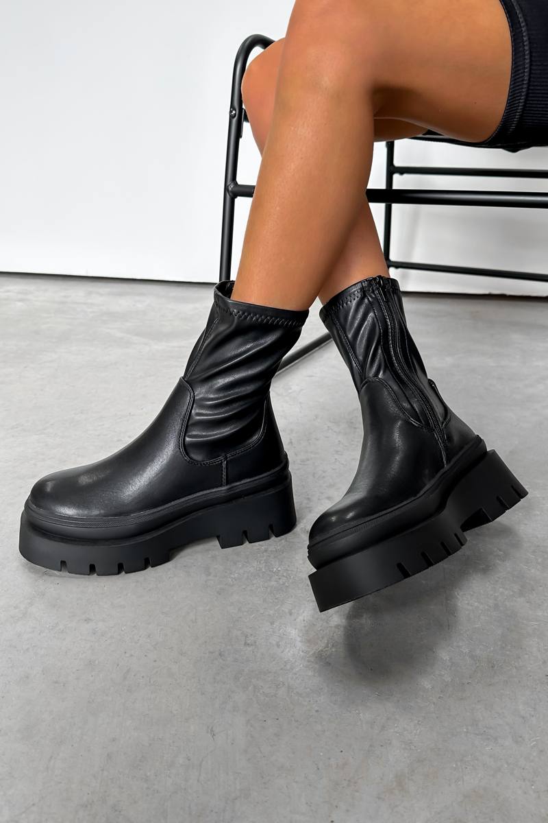 REGENT Chunky Stretch Sock Fit Ankle Boots Black PU – AJ VOYAGE