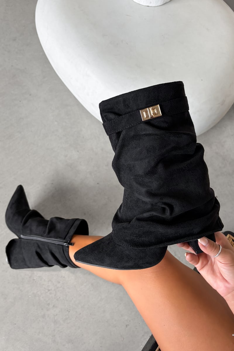 RELLA Flared Slouch Calf Boots - Black Suede