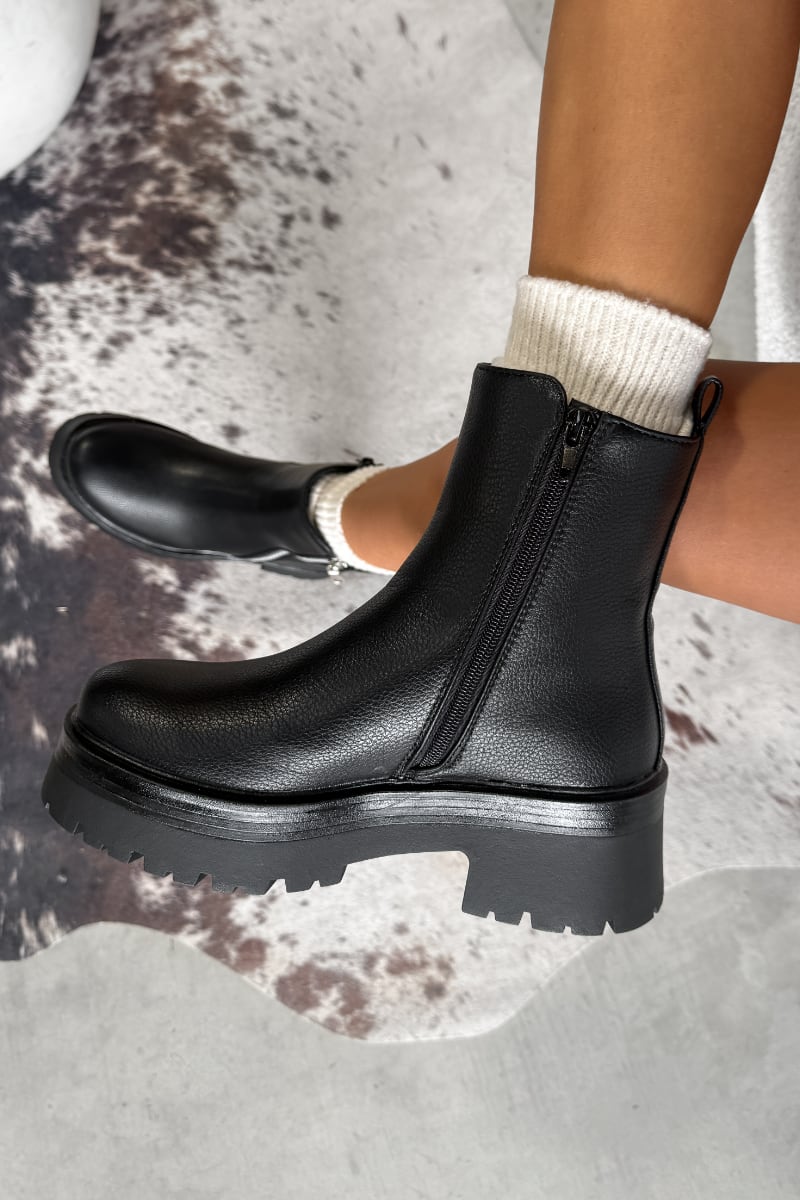 RELOAD Chunky Platform Zip Ankle Boots - Black PU - 1