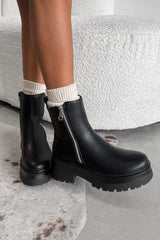 RELOAD Chunky Platform Zip Ankle Boots - Black PU - 4