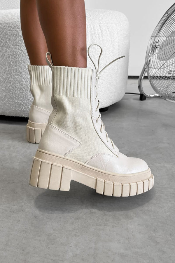 RELOAD Chunky Platform Sock Fit Ankle Boots - Beige - 4
