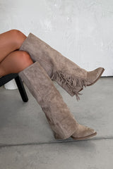RENEA Flared Suede Tassel Cowboy Western Boots - Taupe - 1