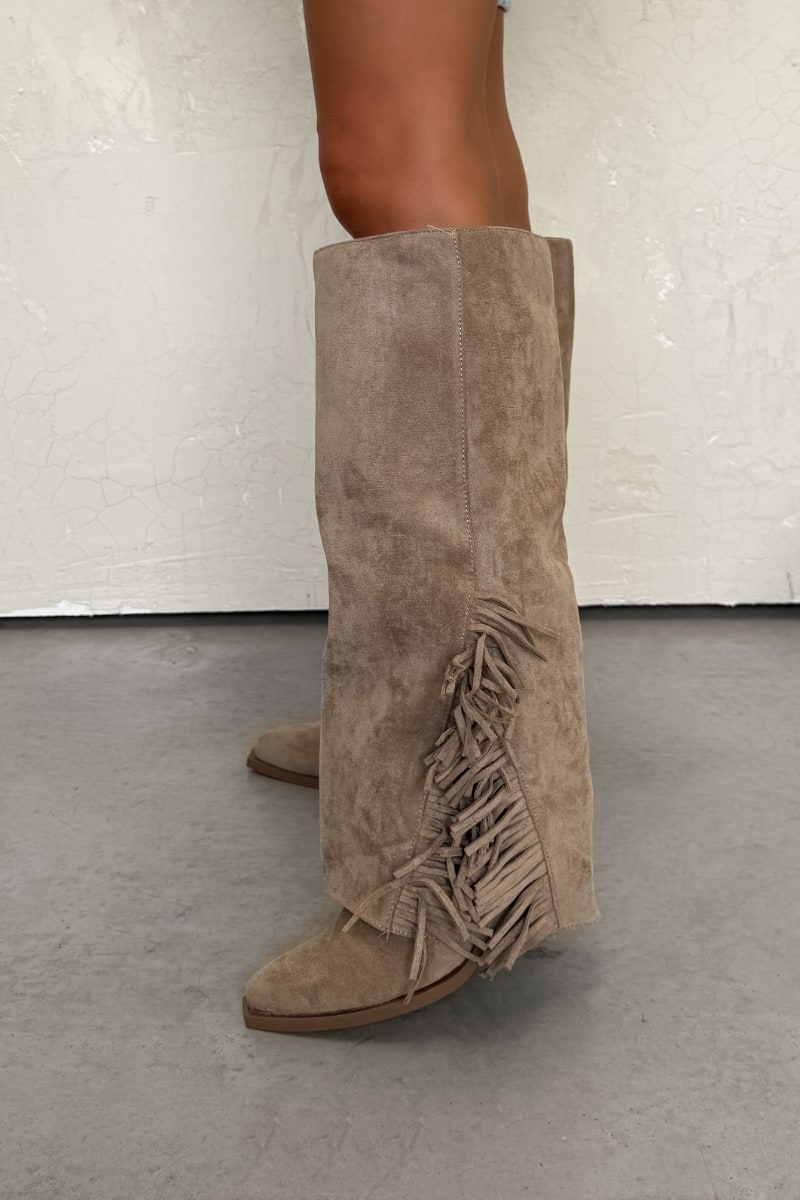 RENEA Flared Suede Tassel Cowboy Western Boots - Taupe - 3