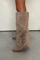 RENEA Flared Suede Tassel Cowboy Western Boots - Taupe - 3