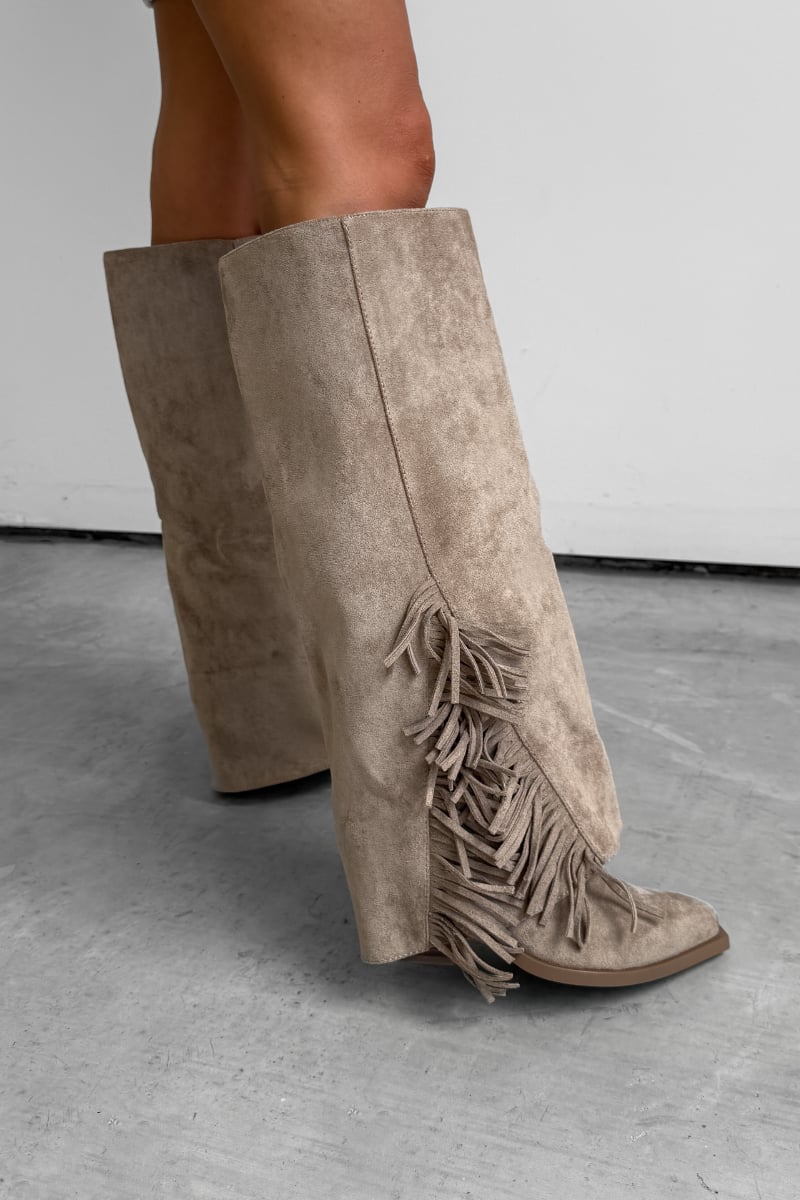 RENEA Flared Suede Tassel Cowboy Western Boots - Taupe - 4