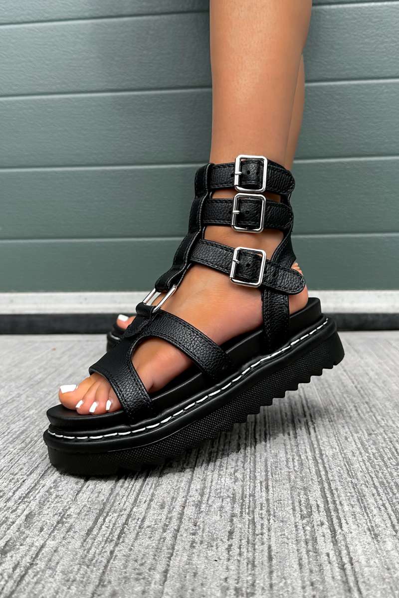 RENEGADE Chunky Buckle Gladiator Sandals - Black - 5