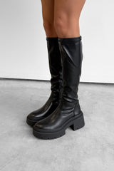 RETROGRADE Stretchy Chunky Knee High Boots - Black PU - 3
