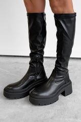 RETROGRADE Stretchy Chunky Knee High Boots - Black PU - 2