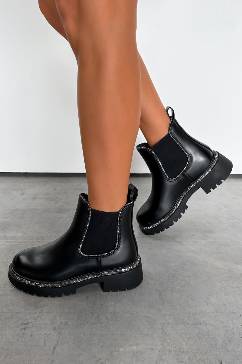 RIHANNA Chelsea Diamanté Ankle Boots - Black PU