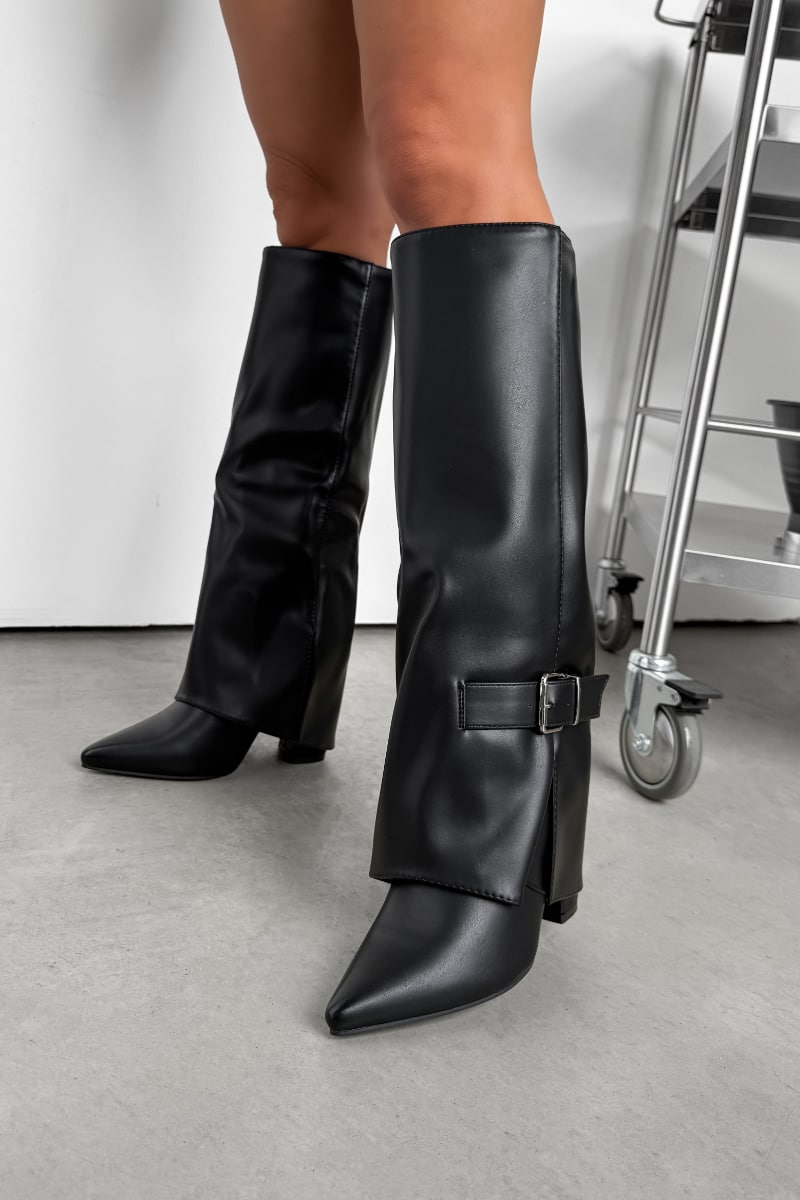 KARLEY Knee High Buckle Boots - Black PU - 1