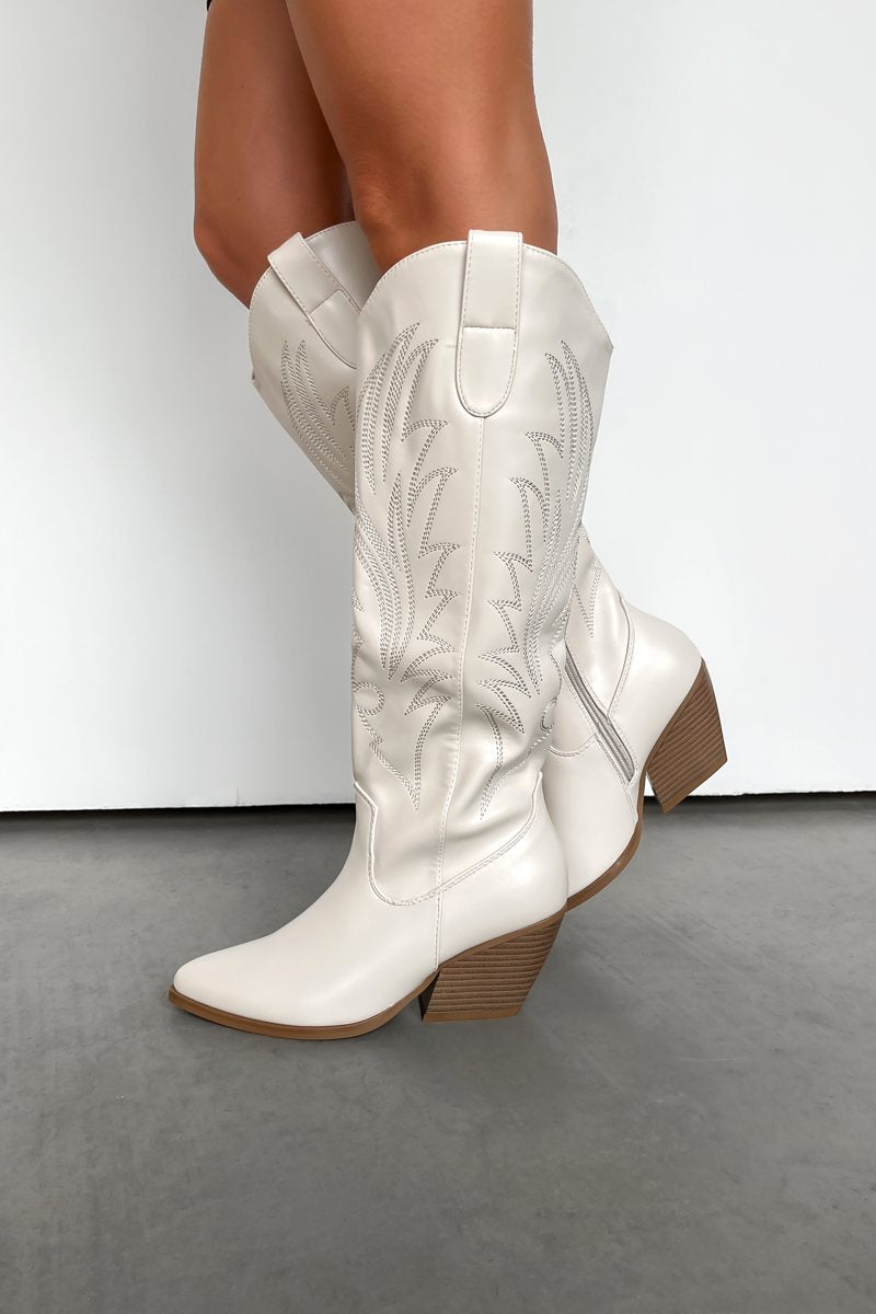 RODEO Mid Calf Cowboy Western Boots - Cream PU - 3