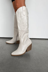 RODEO Mid Calf Cowboy Western Boots - Cream PU - 1