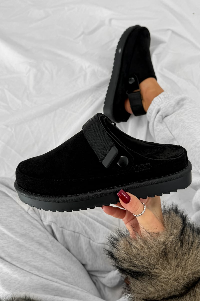 ROSE Suede Ankle Strap Outdoor Slippers - Black