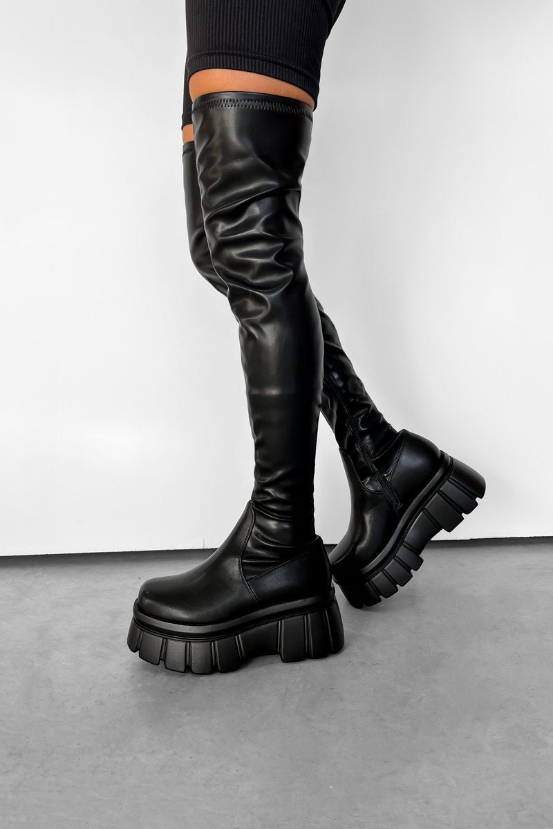 ROXANA Chunky Knee High Boots - Black PU - 1