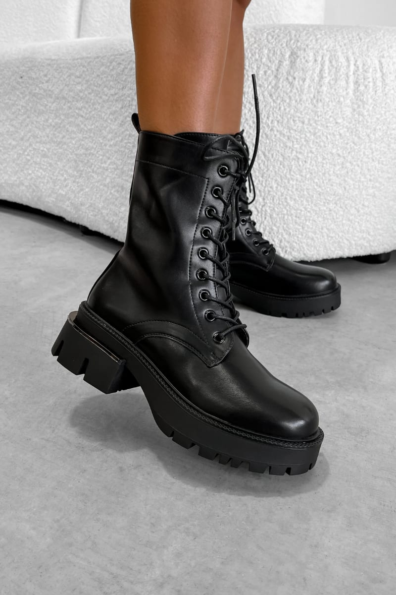 RUCKUS Chunky Military Ankle Boots - Black PU