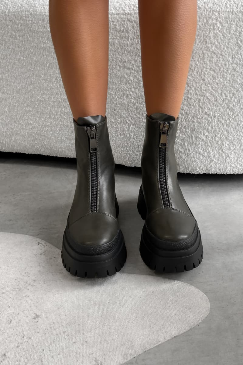 Flat Khaki Platform Boots RUCTION Chunky Zip Front Ankle Boots