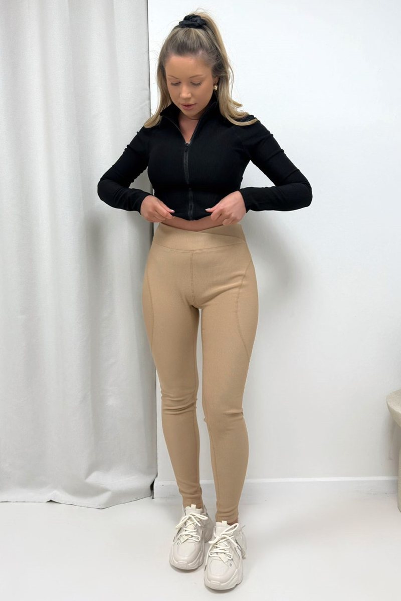 Ribbed Active Leggings With Cross-over Waistband - Beige