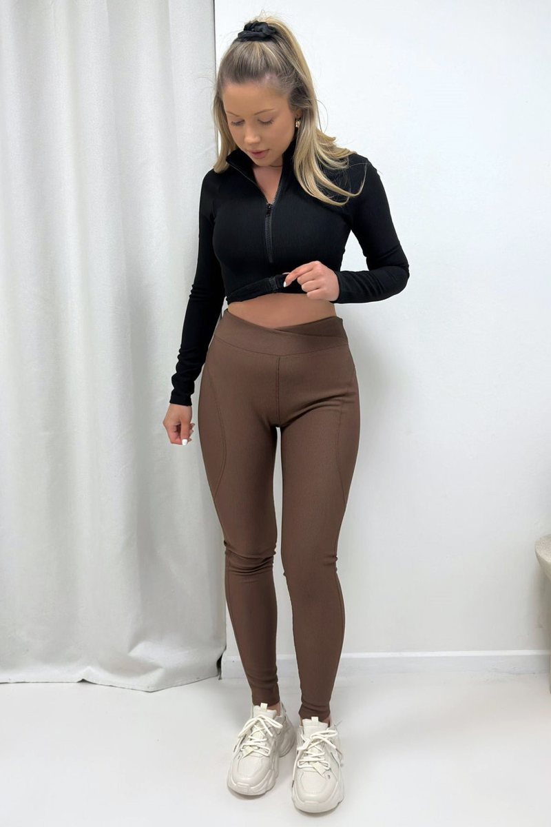 Ribbed Active Leggings With Cross-over Waistband - Brown
