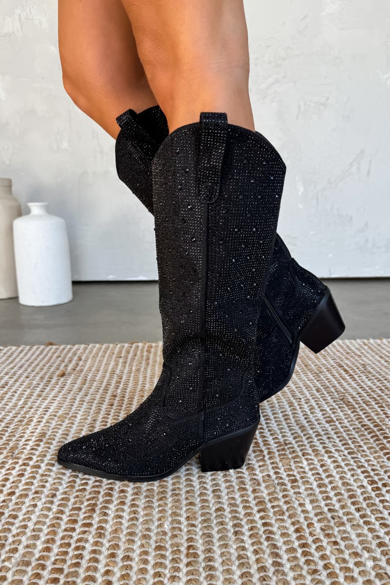 SABRINA Diamante Cowboy Western Boots - Black - 1