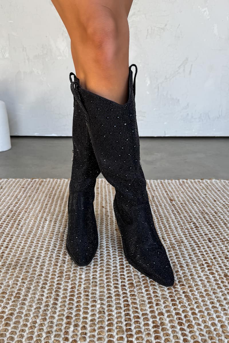 SABRINA Diamante Cowboy Western Boots - Black