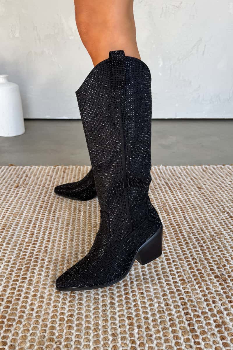SABRINA Diamante Cowboy Western Boots - Black