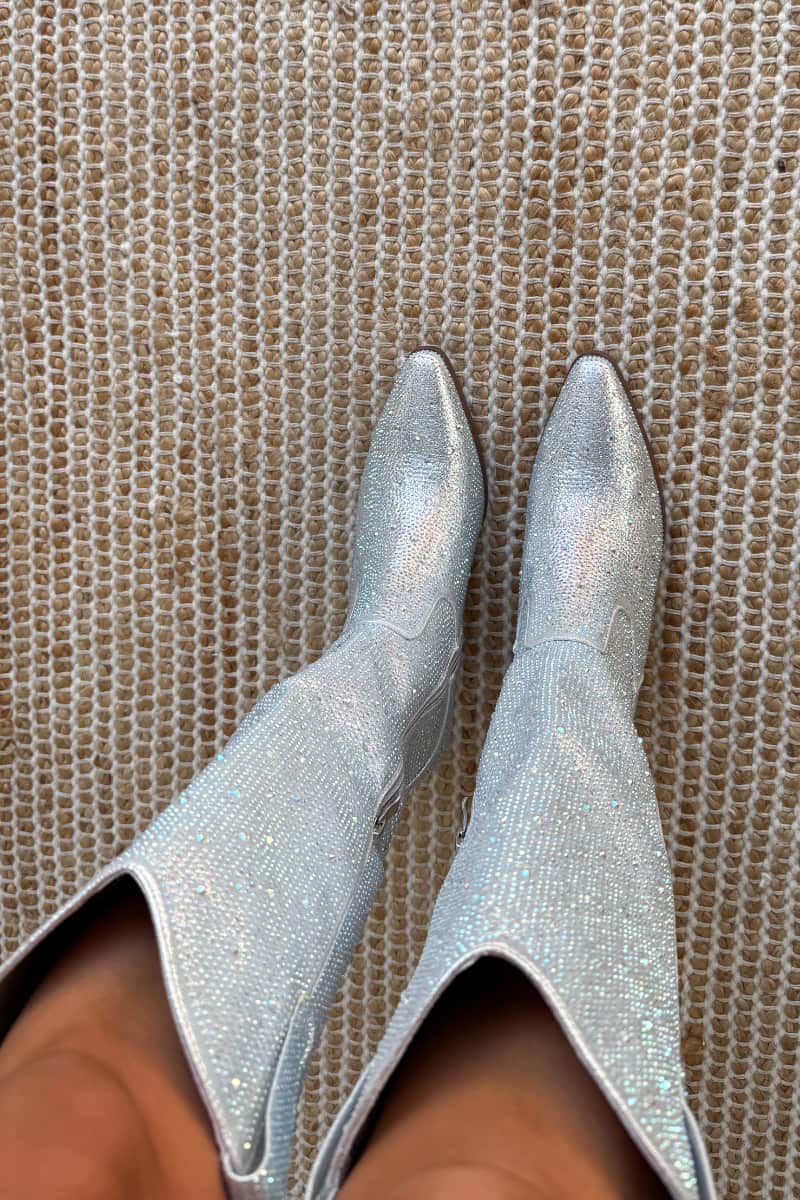 SABRINA Diamante Cowboy Western Boots - Silver - 5